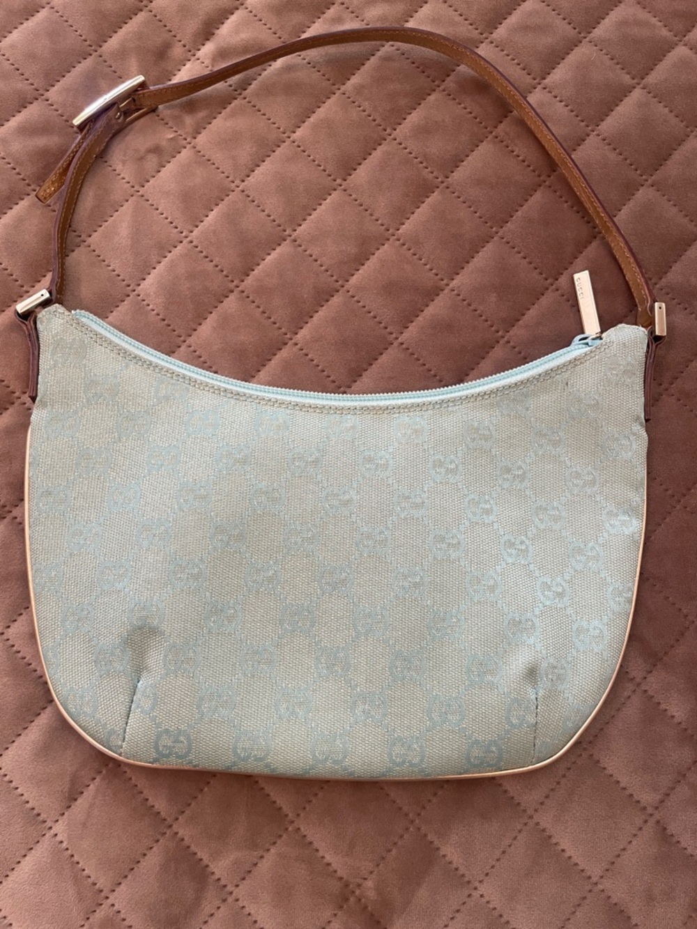 Gucci Powder Blue Monogram Shoulder Bag with Brown Strap
